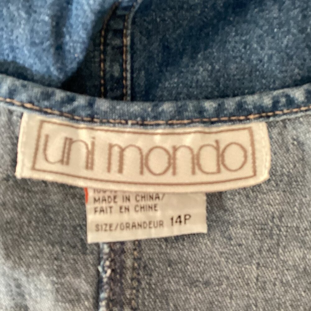 Vintage Uni Mondo Women's Denim Midi Dress Size 14P Short Sleeve Embroidery - Picture 5 of 6